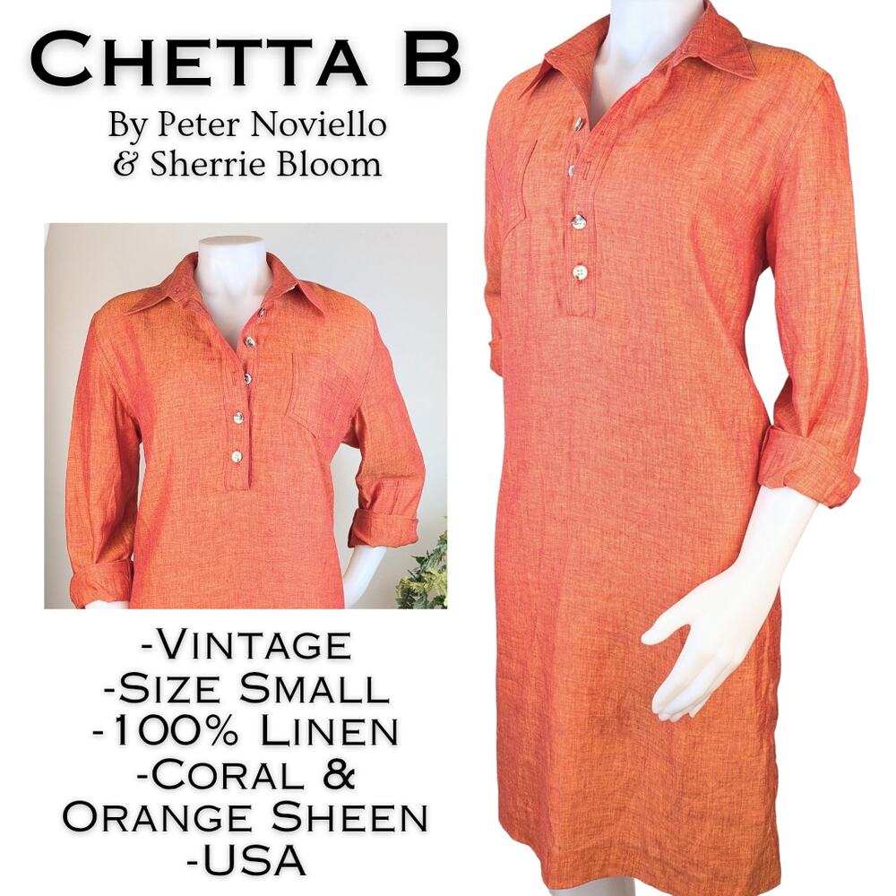 VTG Chetta B Shirt Shift Dress Linen 8 Coral Orange Shimmer Long Sleeve Coastal